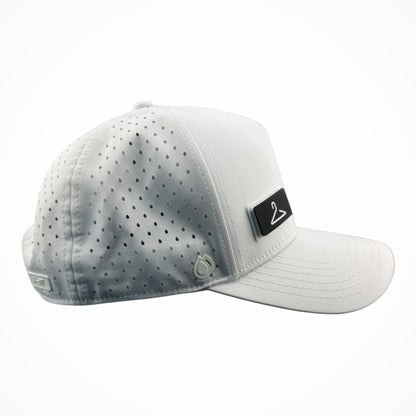 White HATT premium hat with black Hanger interchangeable patch side view - HATT Fashion