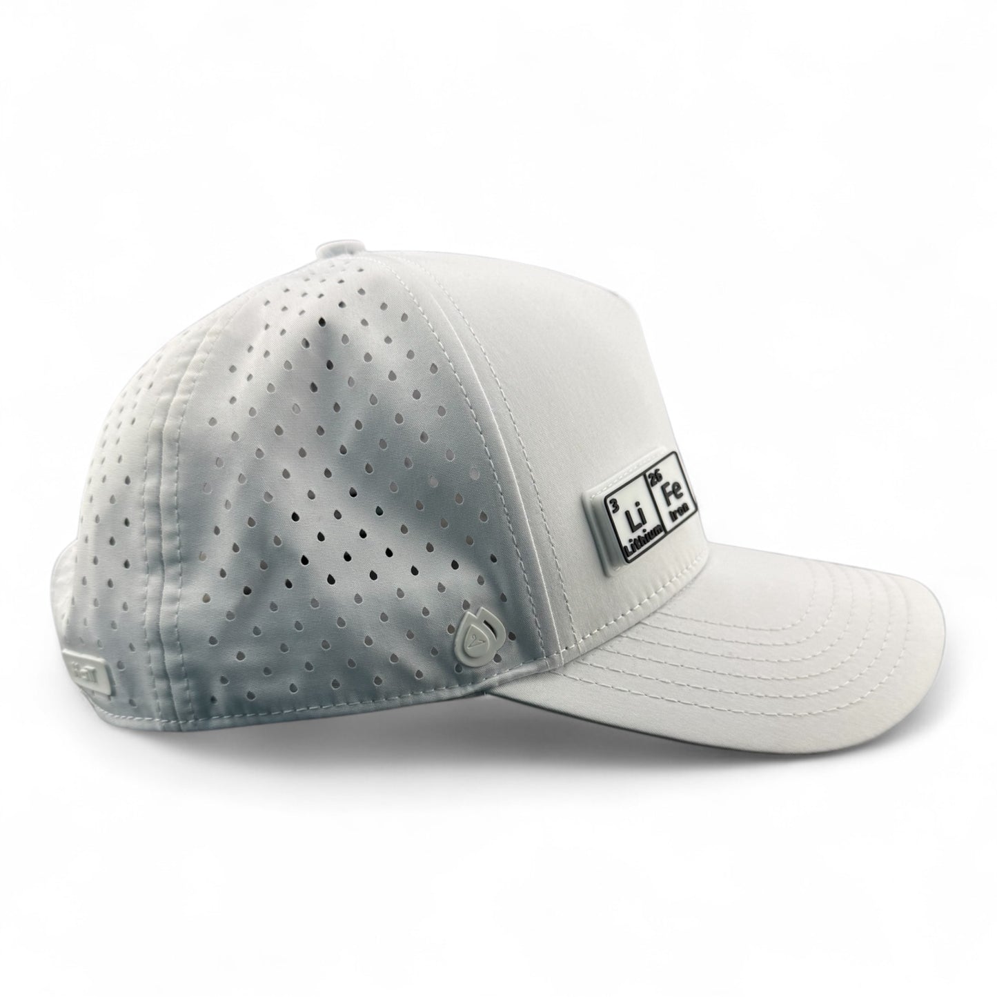 White HATT premium hat with white LIFE interchangeable silicone patch side view - HATT Fashion
