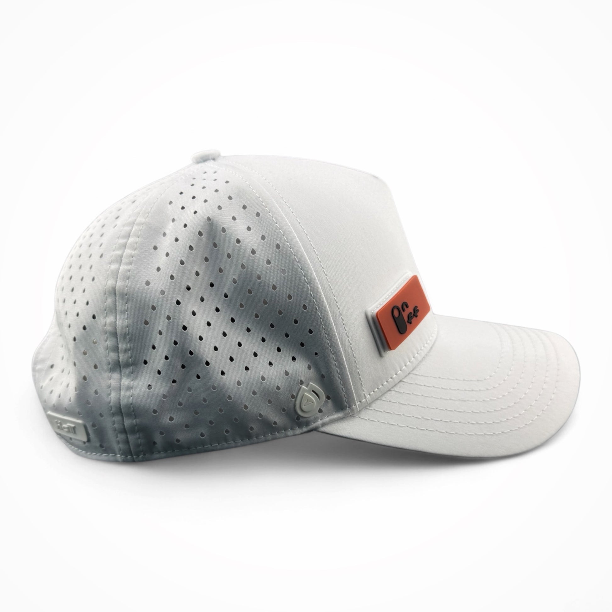 White HATT premium hat with red ON/OFF interchangeable silicone patch side view - HATT Fashion