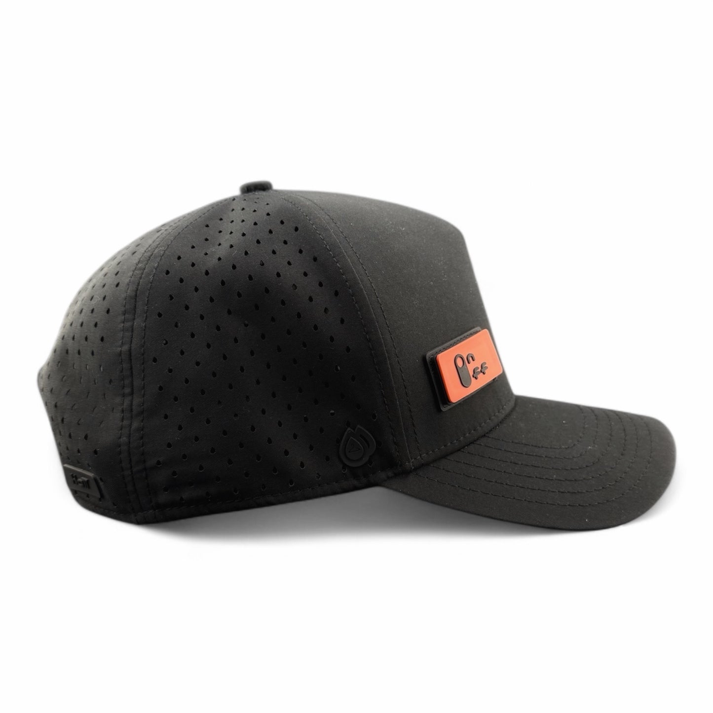 Black HATT premium hat with red ON/OFF interchangeable silicone patch side view - HATT Fashion