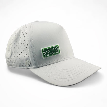 White HATT premium hat with green Abstract Soccer Field interchangeable patch side view - HATT Fashion