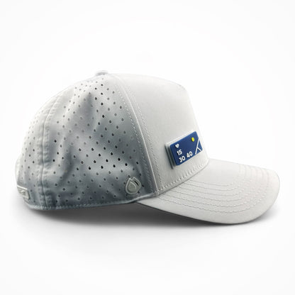 White HATT premium hat with blue Tennis Score interchangeable patch side view - HATT Fashion